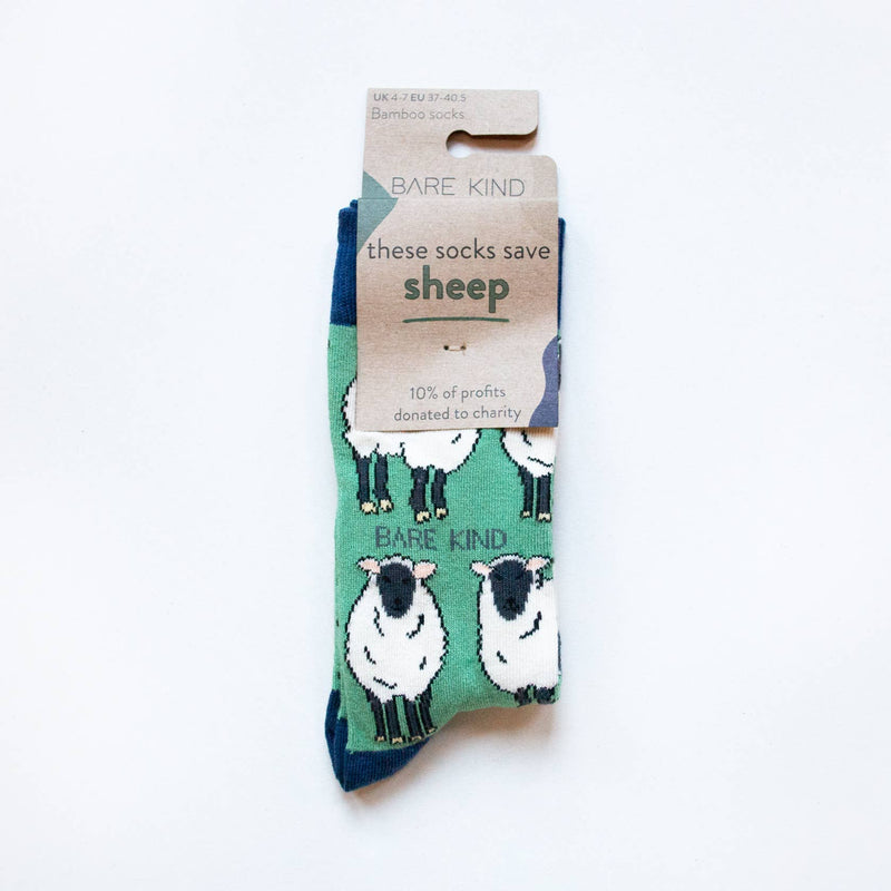 Bare Kind Socks - Sheep Socks | Bamboo Socks | Green Socks | Farm Socks: UK Adult 4-7 / Single Pair / Sheep