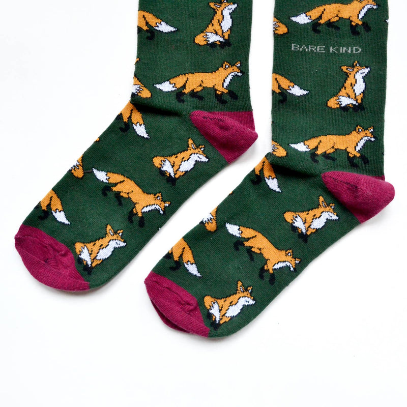 Bare Kind Socks - Fox Socks | Bamboo Socks | Green Socks | Cheeky Socks: UK Adult 4-7 / Single Pair / Foxes