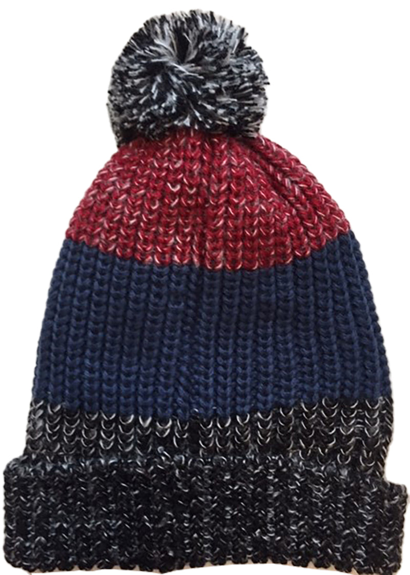 Gents Red & Blue Striped Bobble Hat