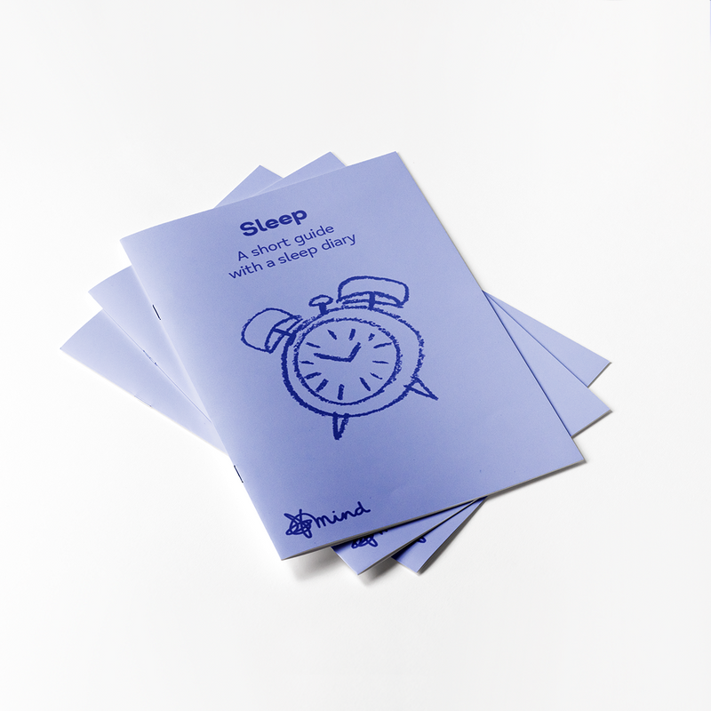 A thin A5 leaflet with title 'Sleep, a short guide with a sleep diary' and Mind logo