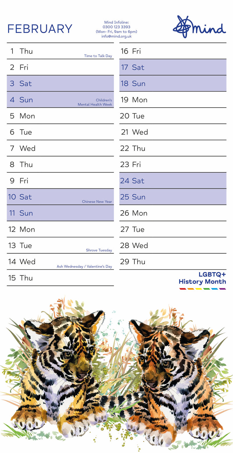 Watercolour Wildlife Mind Charity Slim Calendar 2024
