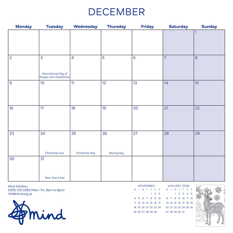 Adult Colouring Calendar Mind Charity Collection 2024