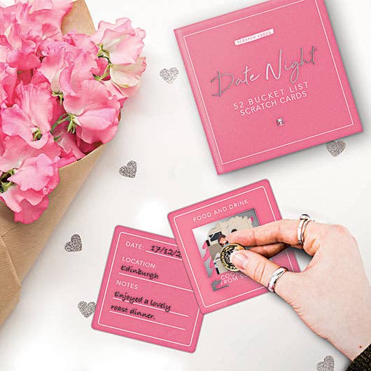A pink card featuring a pink flower and rose, part of the "52 Scratch-Off Date Ideas – Couples Activity Card Deck."