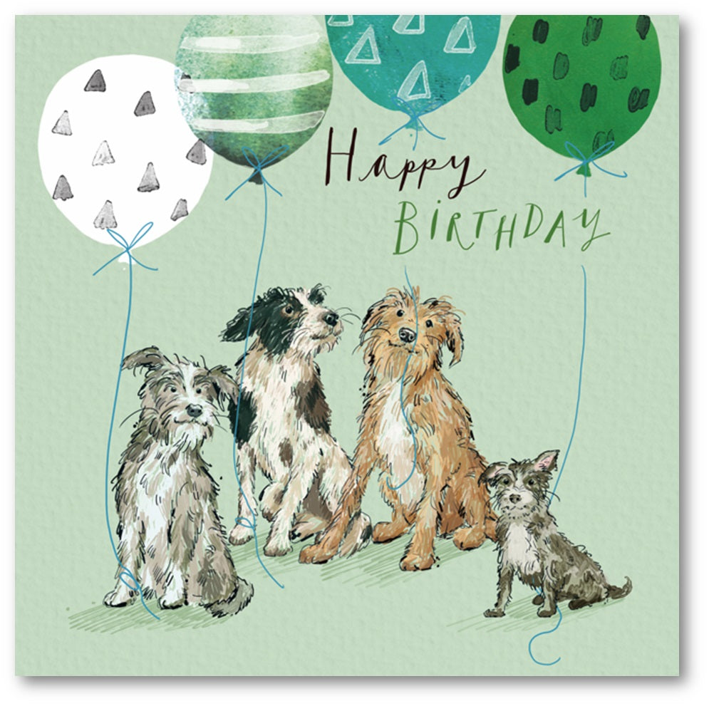 Birthday card with illustrated dogs sitting under colourful balloons on a light green background, with the text “Happy Birthday” above them.
