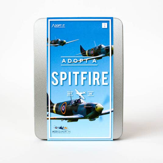 Adopt a Spitfire MK26B gift tin featuring a detailed design of the iconic aircraft. Perfect for aviation enthusiasts.