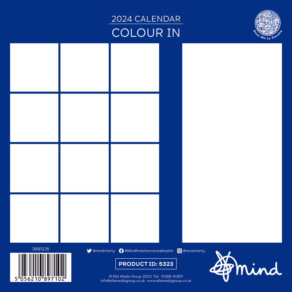 Back of Mind 2025 Colouring Calendar with white boxes for note taking with a dark blue background