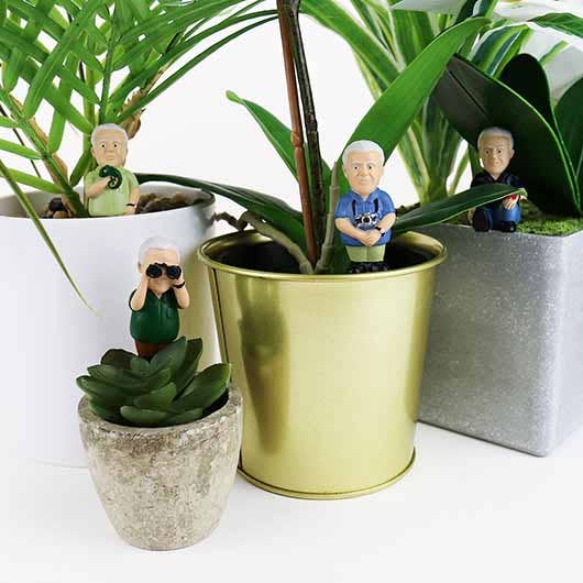 Miniature figurines named "Attenborough Explorers" positioned within a vibrant potted plant, resembling tiny guardians.