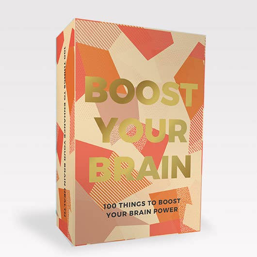 A box with a geometric orange, peach, and beige pattern displays the text "BOOST YOUR BRAIN: 100 Things to Boost Your Brain Power" in gold letters.