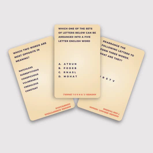 Three trivia cards are displayed. The center card asks which set of letters can form a five-letter English word, with four multiple-choice options provided.