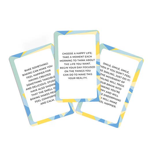 An inside view of three cards adorned with a blue and yellow design, highlighting the activities and joyful quotes.