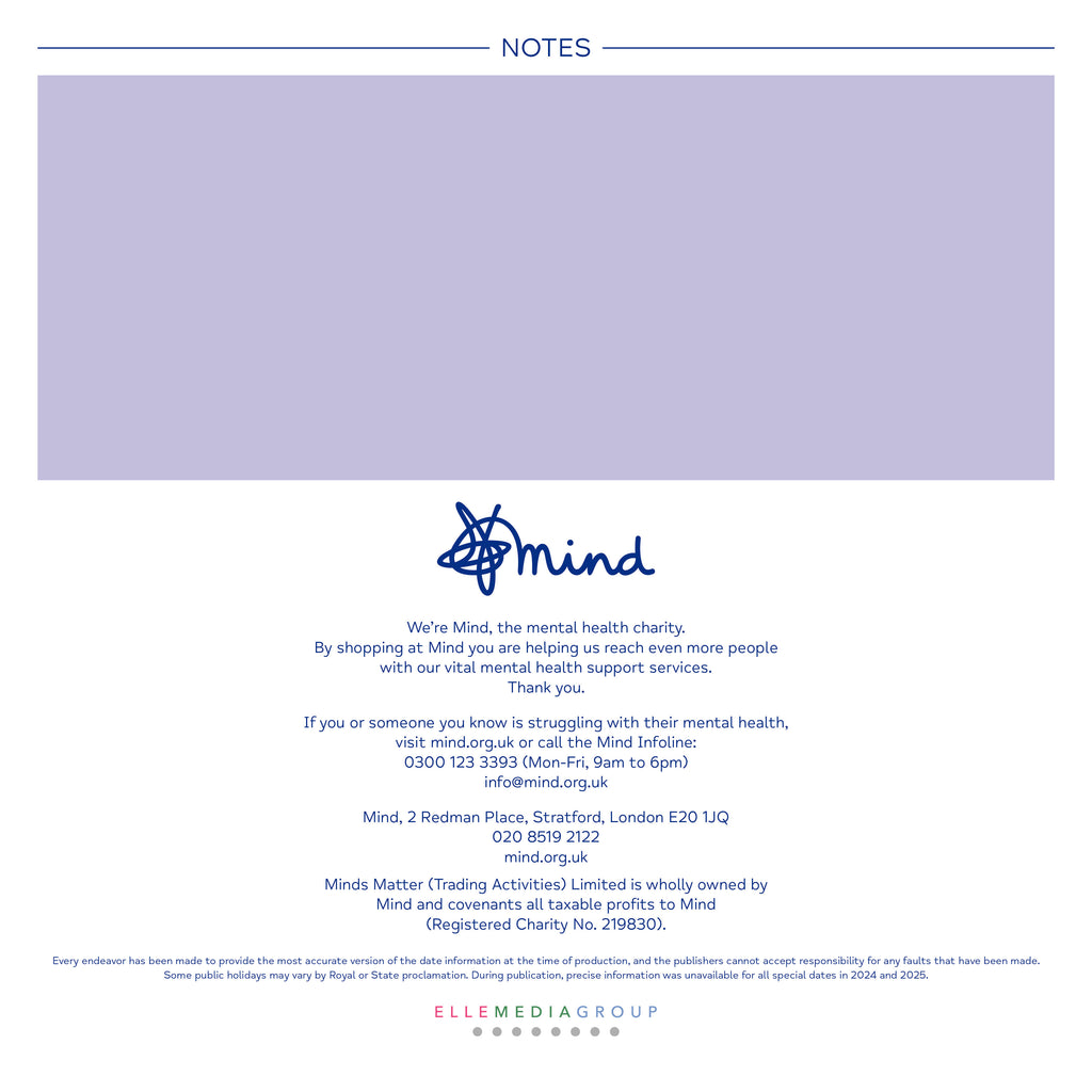 Back of calendar with Mind charity information and space for notes in a purple box