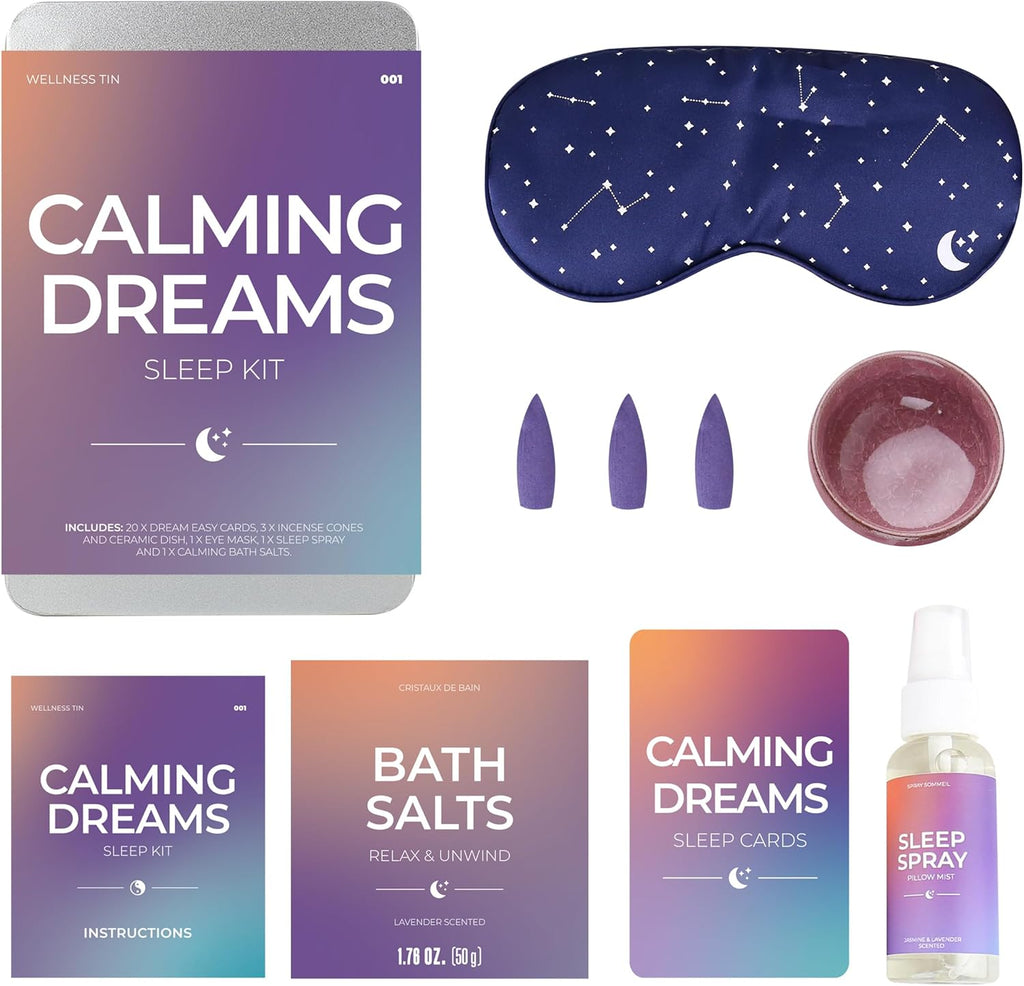 Calming dream kit items : Sleep cards, Sleep spray, sleeping mask, bath salts etc