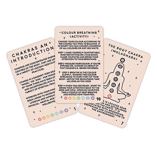 A collection of cards displaying an introduction to Chakras and other wellbeing activities in a visually appealing layout.