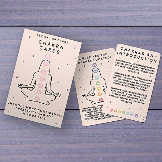 An illustrated card showcasing the term "chakra" in a decorative style, emphasising its spiritual significance.
