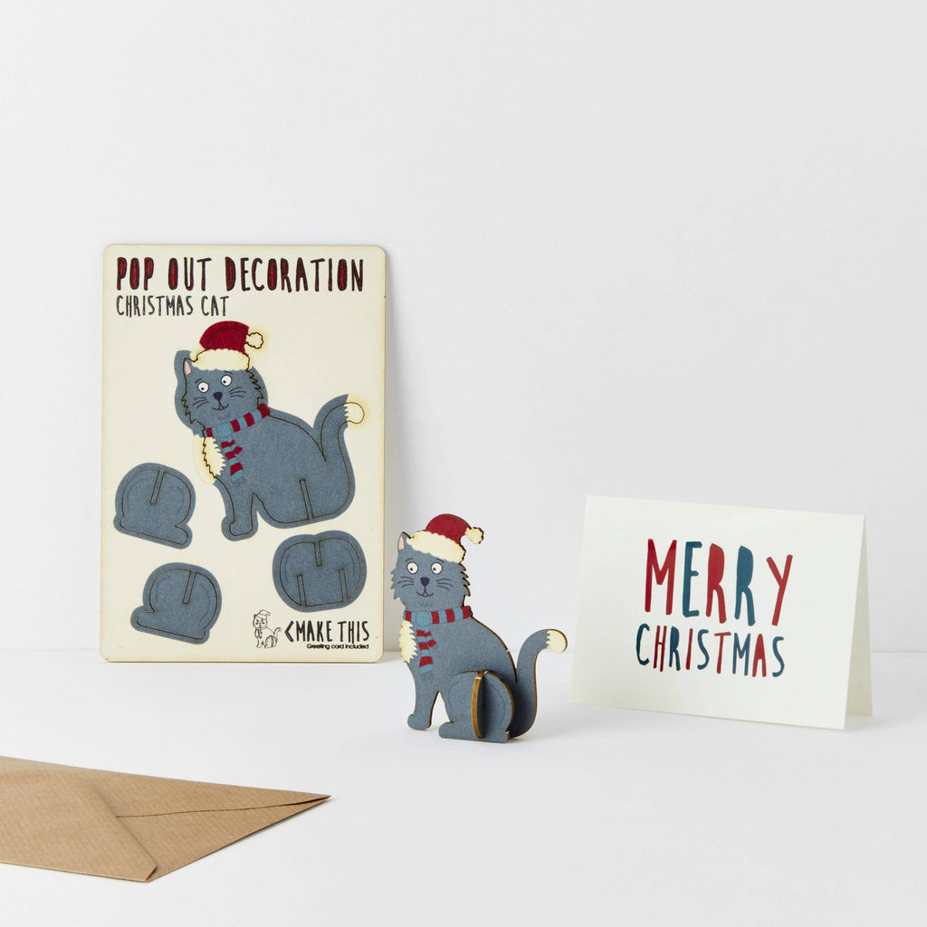 Christmas Cat pop out christmas card with grey cat wearing santa hat and red stripe scarf