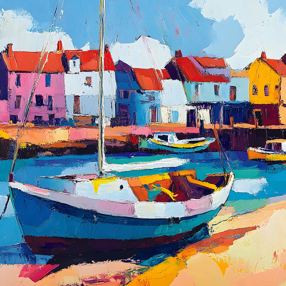 Vibrant impressionistic painting of a coastal village with colourful houses featuring red and orange rooftops. A small harbour is filled with boats, including a prominently placed white and blue sailboat in the foreground. The water reflects bold hues of turquoise, blue, and pink, creating a lively and cheerful seaside atmosphere.