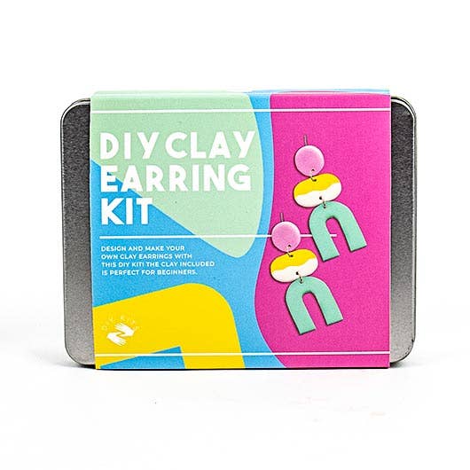 Front view of a DIY clay earrings kit box, featuring vibrant clay and tools for creating personalised earrings at home.