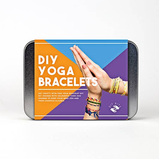 A tin filled with colourful DIY yoga bracelets, each designed for enhancing mindfulness and personal expression during yoga practice.