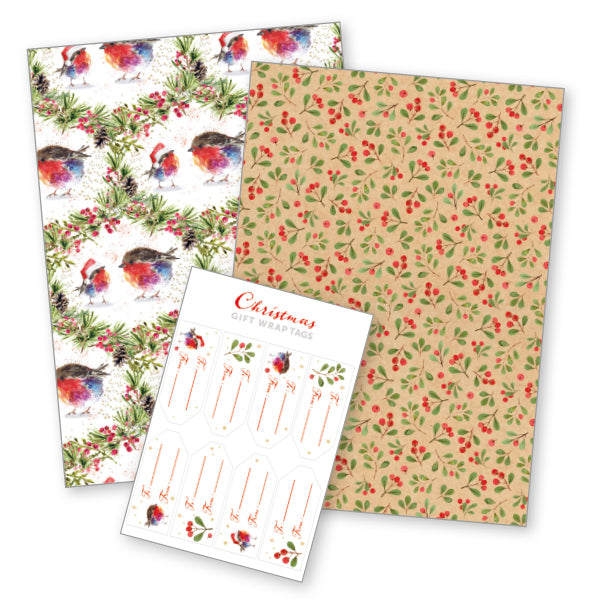 Fluffy Robin and Berries Mind Charity Christmas Gift Wraps with Tags
