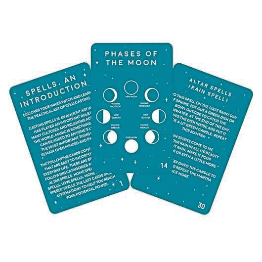 A card game displaying the phases of the moon, with vibrant images representing each stage of the lunar cycle.