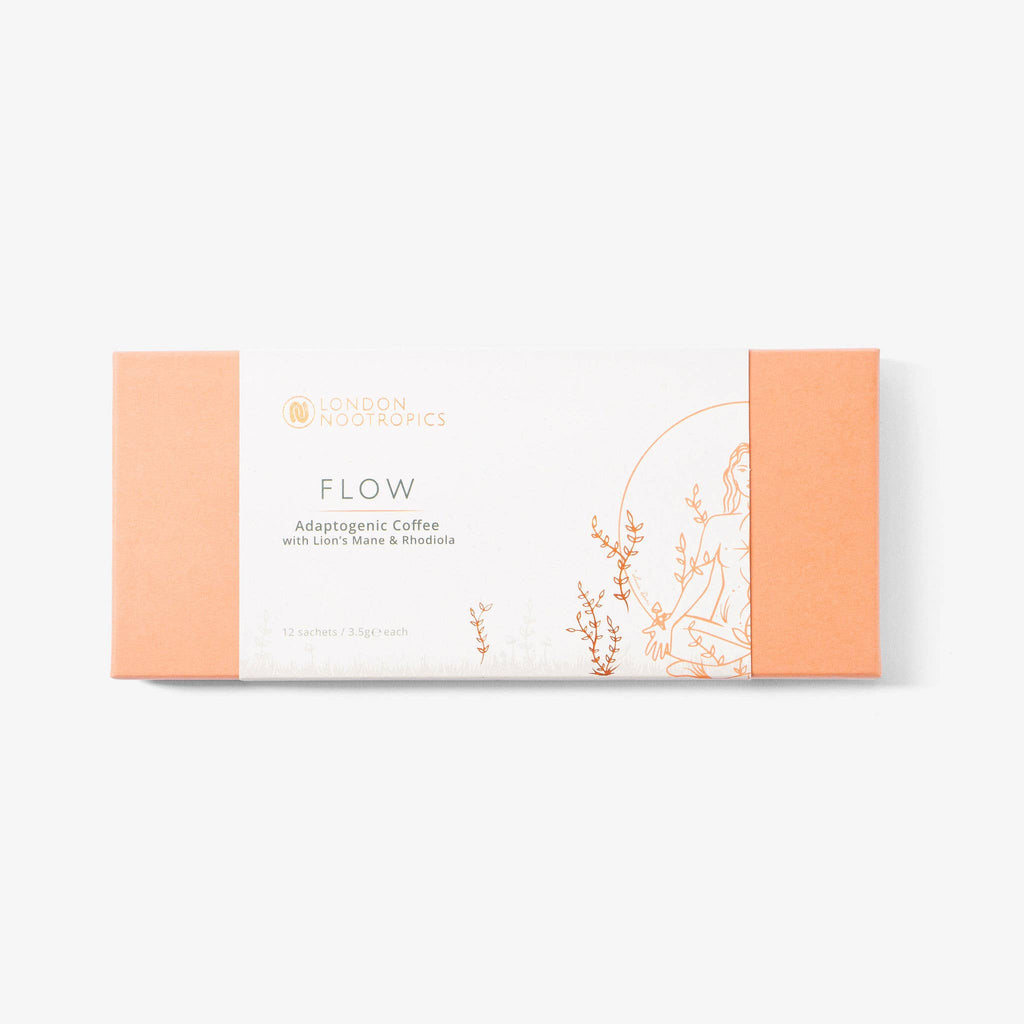 Flow coffee neatly packaged in a stylish orange box on a white background.