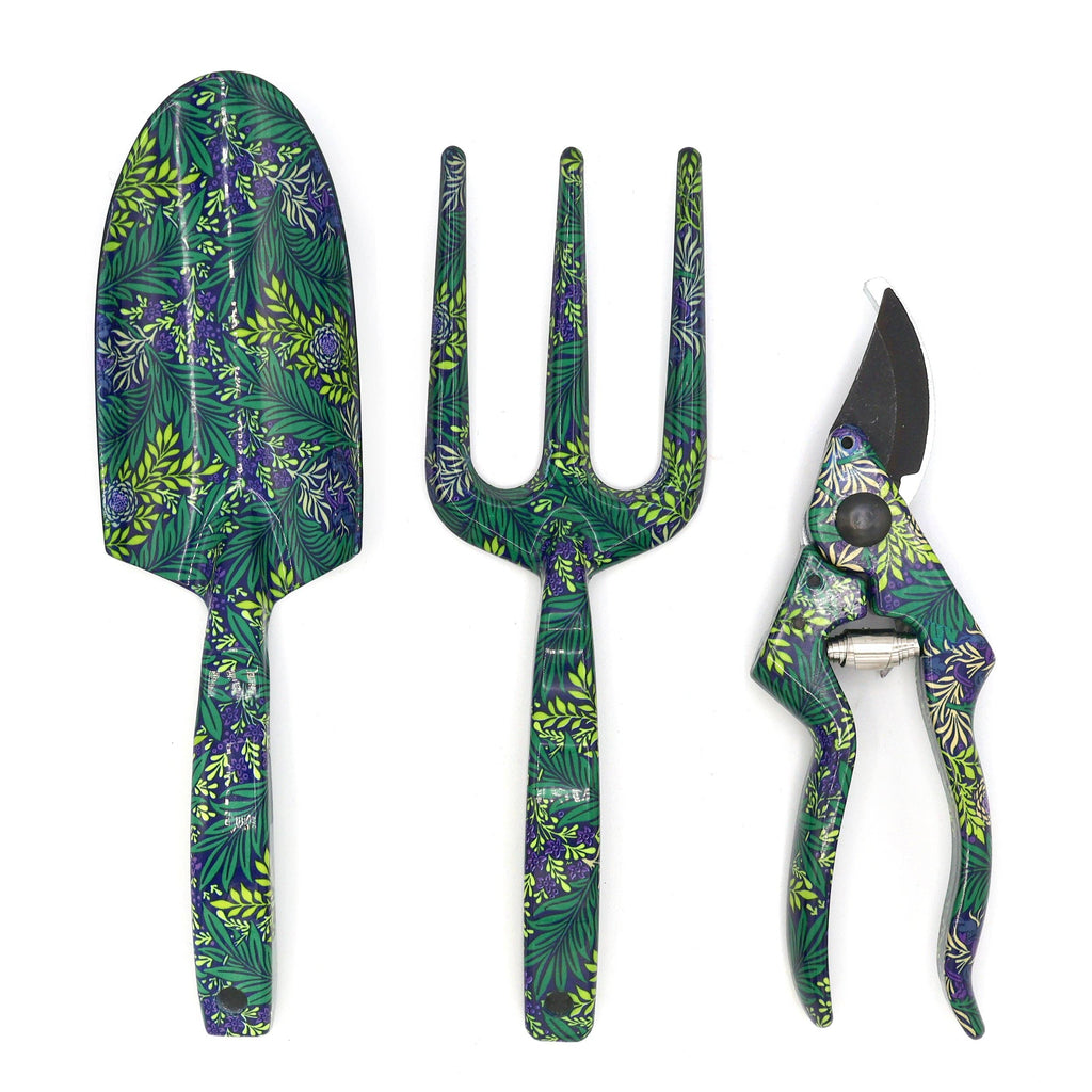 Three garden tools featuring vibrant green and purple floral designs, arranged neatly on a light background.