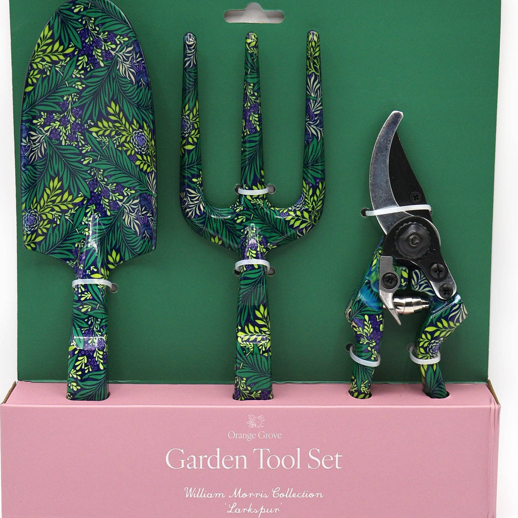 Garden tool set featuring handles adorned with green and pink floral designs, ideal for gardening enthusiasts.