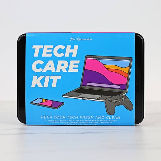 Laptop and gaming controller arranged in a tech care kit, emphasizing tools for maintaining and enhancing tech devices.