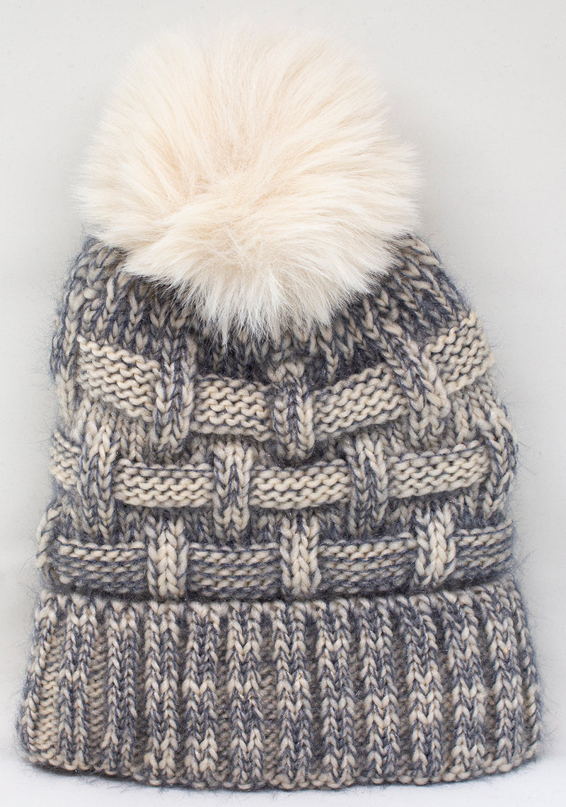 Ladies Grey and White Cable Bobble Hat