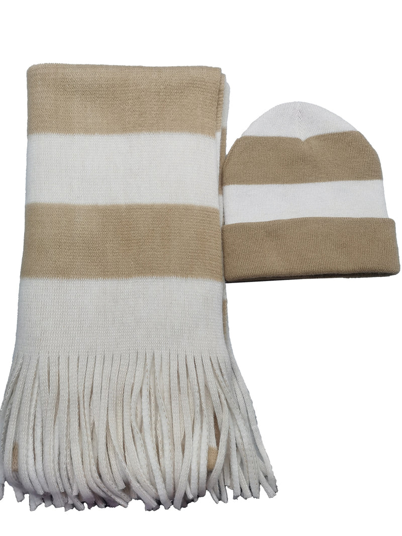 Thomas Calvi Ladies Gold & White Striped Hat & Scarf Set