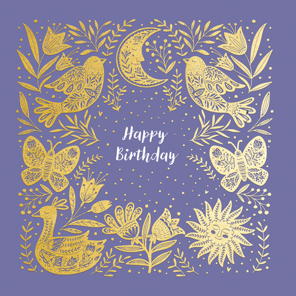 Front view of a Greeting card with a colourful design featuring birds and a moon in gold foil