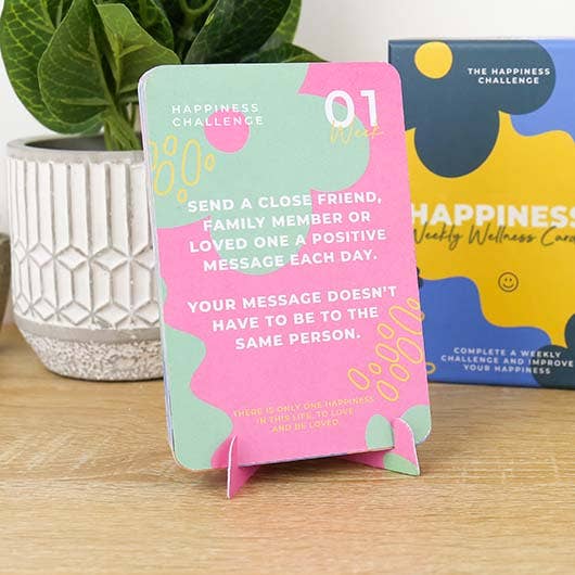 A colorful multi-purpose card featuring cheerful designs symbolizing happiness and positivity.