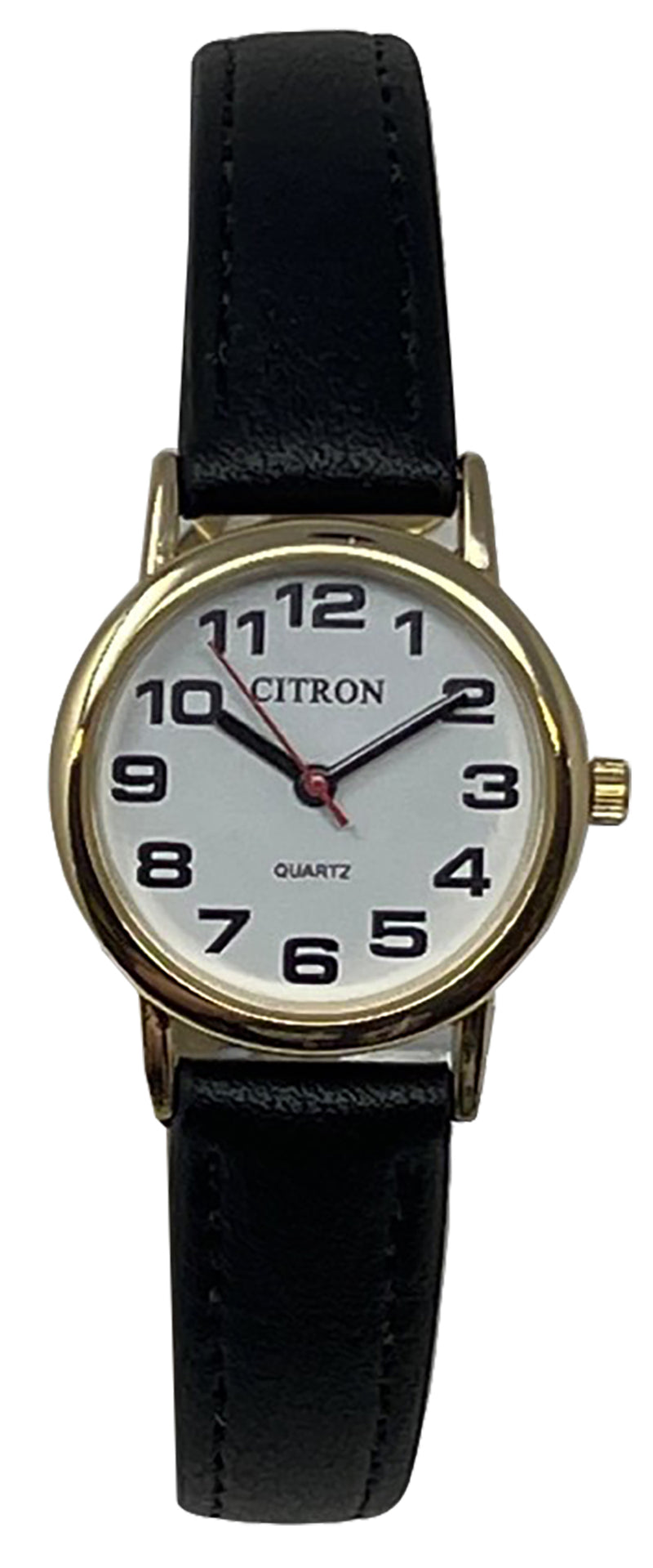 Ladies Full Figure  White Dial Watch With Black Strap Gold