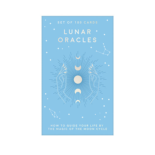 "Lunar Oracles" book cover showcasing a card deck designed to assist in spiritual exploration and guidance.