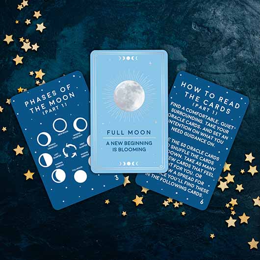 A Moon card set against a blue starry backdrop, representing the Lunar Oracles Card Deck for guiding spiritual paths.