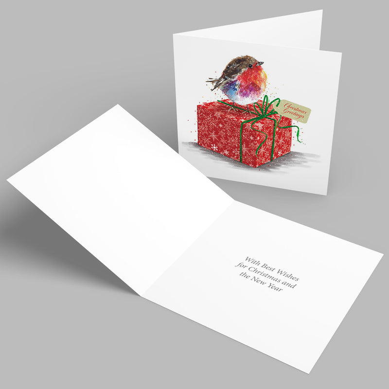 Fluffy Robin with Present Mind Charity Christmas Cards - Pack of 10