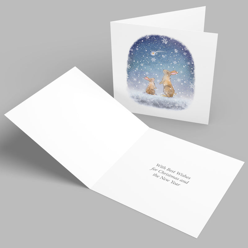 Hares on a Snowy Night with Silver Foil Mind Charity Christmas Cards- Pack of 10