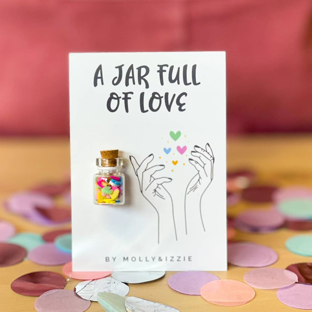 A jar overflowing with assorted love pins, showcasing themes of love and friendship.