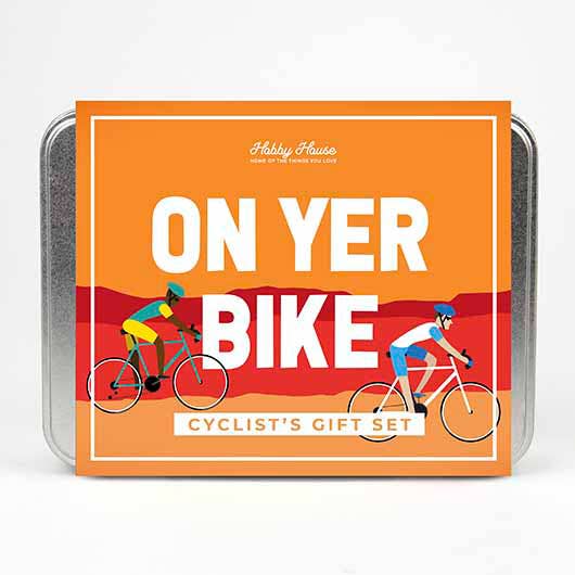 On Yer Bike! Cycling gift set tin containing essential items for cyclists, presented in a decorative tin.