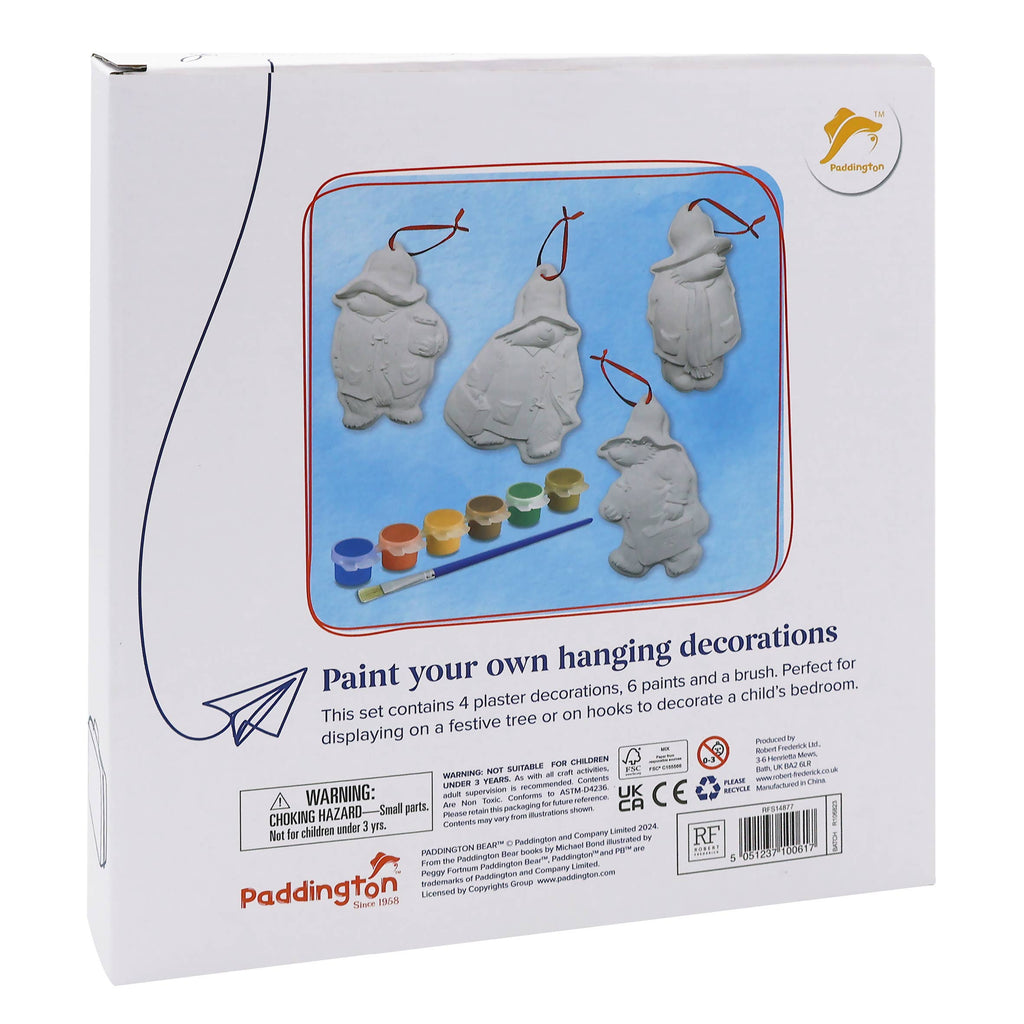 A festive Paddington Bear Christmas decoration set back of box featuring colourful ornaments and cheerful designs for holiday cheer.