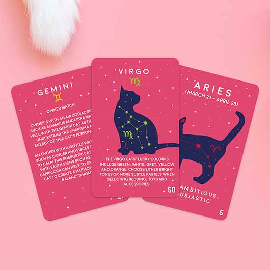 Three pink cards featuring a cat illustration alongside a zodiac sign, part of a pet zodiac card pack.