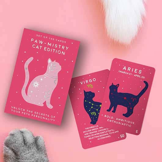 A pink cat-themed card game featuring an illustrated cat and an open book on the cover.
