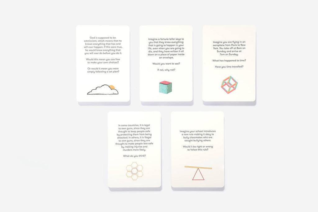 A collection of five cards, each showcasing a distinct artistic pattern and philosophical question.