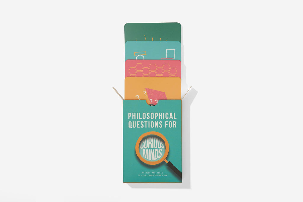 A pack of cards featuring various philosophical questions for deep thinking and discussion with unique illustrations and designs on the back of the individual cards.