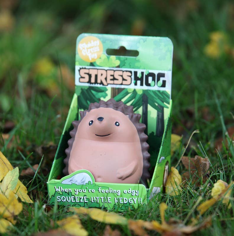 A hedgehog toy rests on green grass, surrounded by colourful autumn leaves in the background.