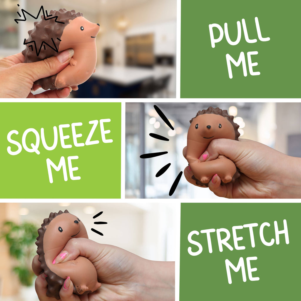 A hedgehog holds a hand with the text "squeeze me stretch me" displayed prominently.