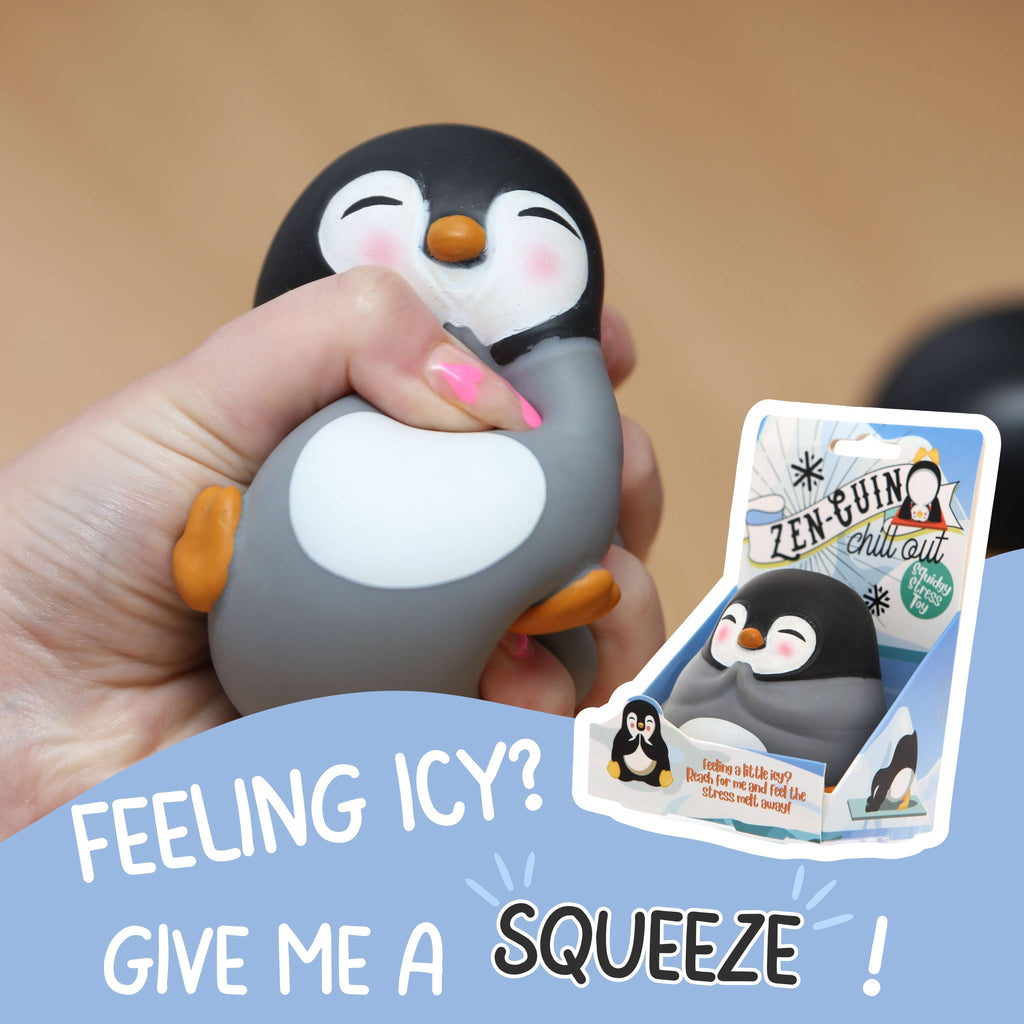 A whimsical penguin toy with the phrase, "Feeling icy? Give me a squeeze," encouraging playful engagement.