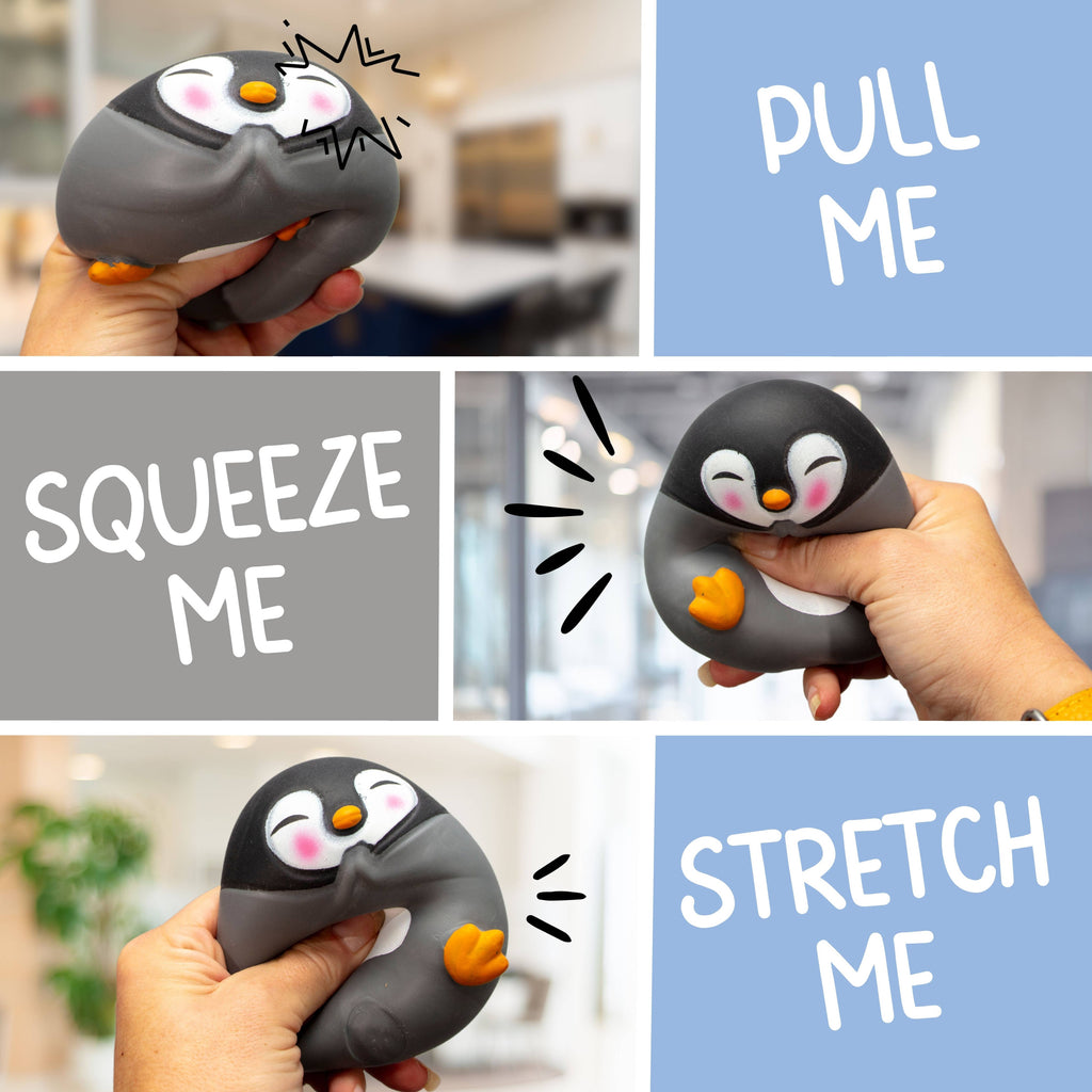 A cute penguin toy designed for squeezing and stretching, featuring a bright smile and soft, flexible body.