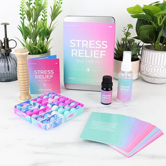 Stress relief kit with 20 Stress Relief Cards,1 Relaxing Mood Spray,1 Calming Essential Oil,1 Massage Accessory, 1 Stress Pop It