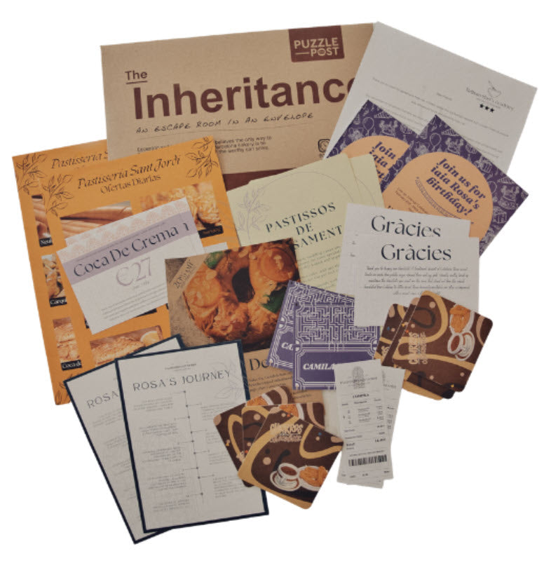 All the papers inside The Inheritance Puzzle with texts and colourful images.